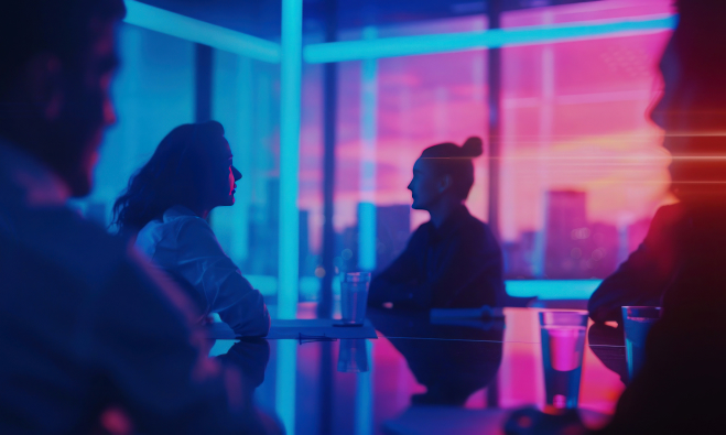 Business meeting in neon-lit room with city view and silhouette of people in conversation