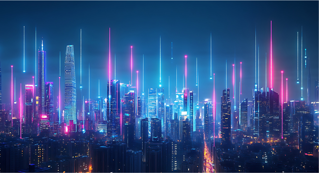 Cityscape at night with glowing neon lights and digital beams